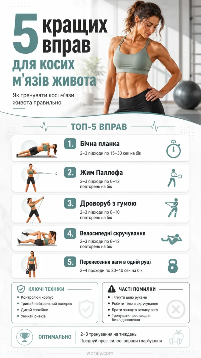 Інфографіка "5 кращих вправ для косих м'язів живота"